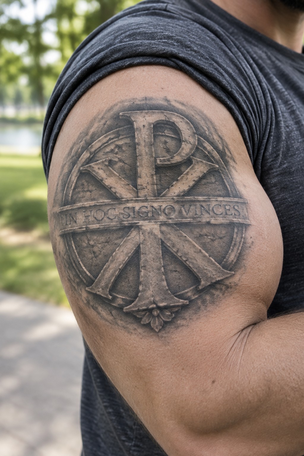Muscular shoulder in gray tank top with black-and-gray Chi-Rho tattoo and Latin banner