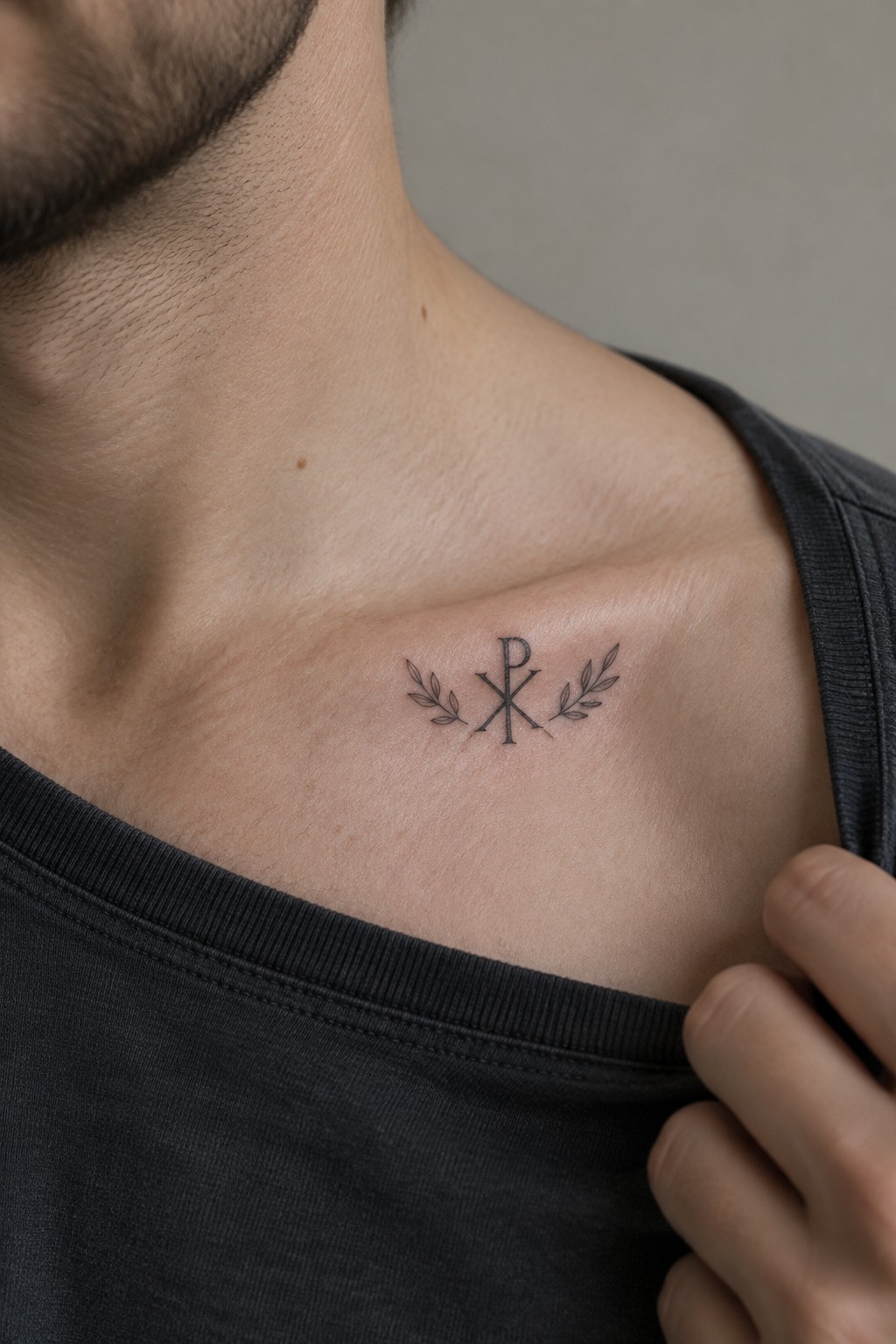 Black ink Chi-Rho tattoo with laurel branches on man's upper chest above dark shirt