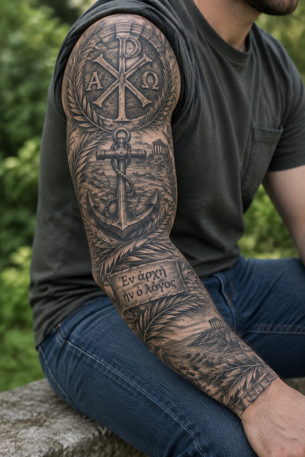 Man's arm with anchor, Chi-Rho tattoos, Greek text, in gray tank top and jeans.