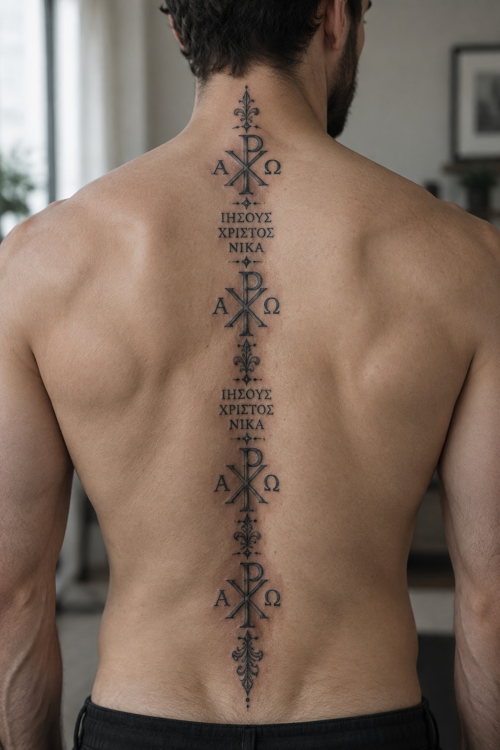 Shirtless man's back with vertical black tattoo of Chi-Rho symbols and Greek text.