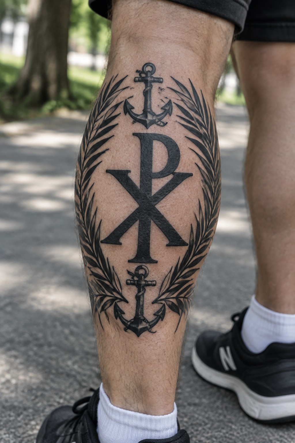 Black Chi-Rho tattoo with anchors and laurel branches on lower leg