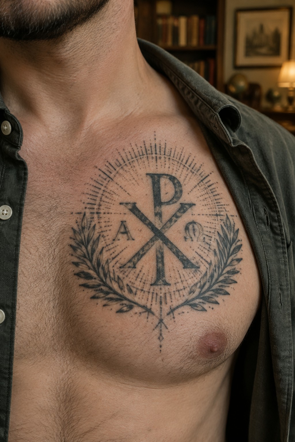 Man's chest with large Chi-Rho tattoo, laurel wreath, and unbuttoned dark shirt