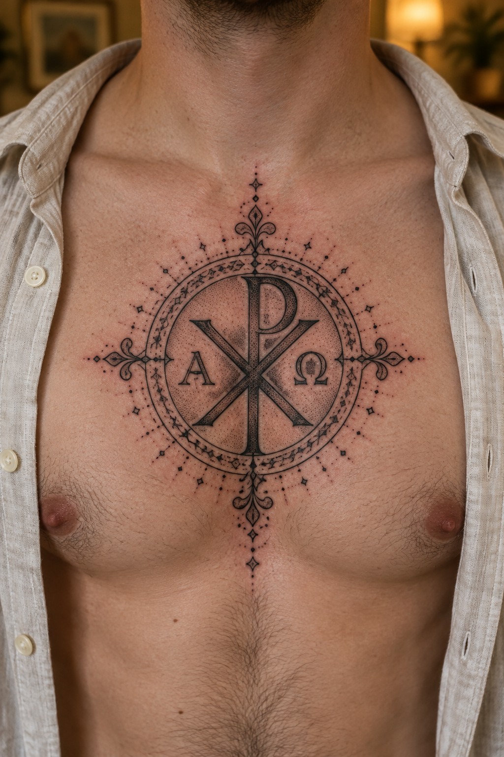 Open shirt revealing ornate Chi-Rho Alpha Omega dotwork tattoo on chest