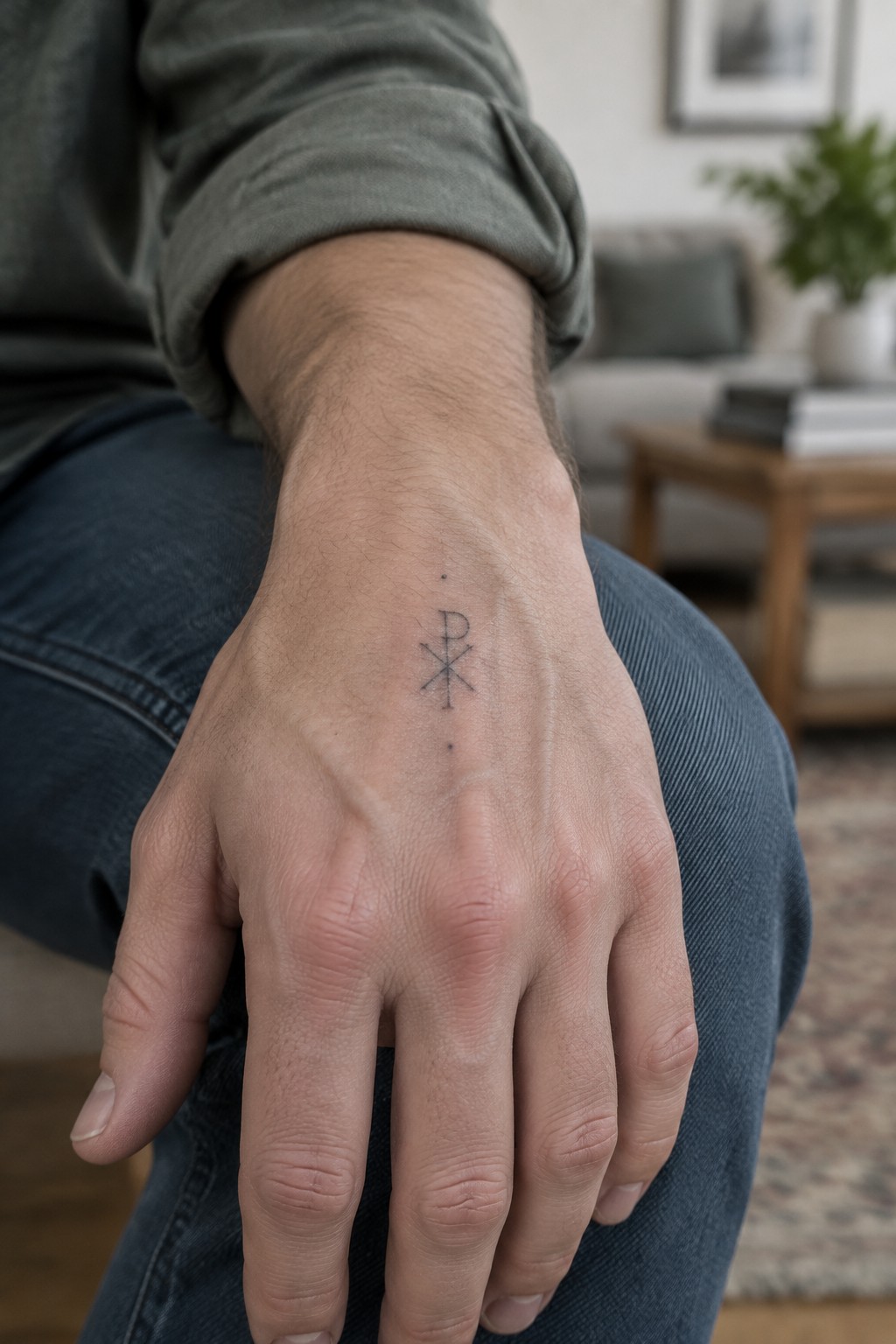 Small chi rho tattoo on the back of a man's hand