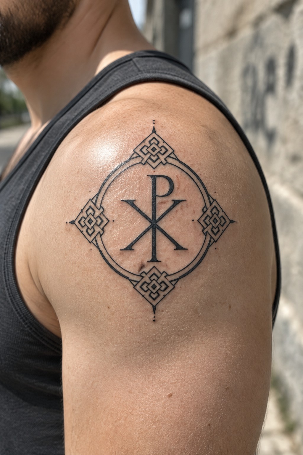 Chi rho tattoo on a man's upper arm showing a black circular frame with knotwork accents in diamond shapes at the top, sides, and bottom.