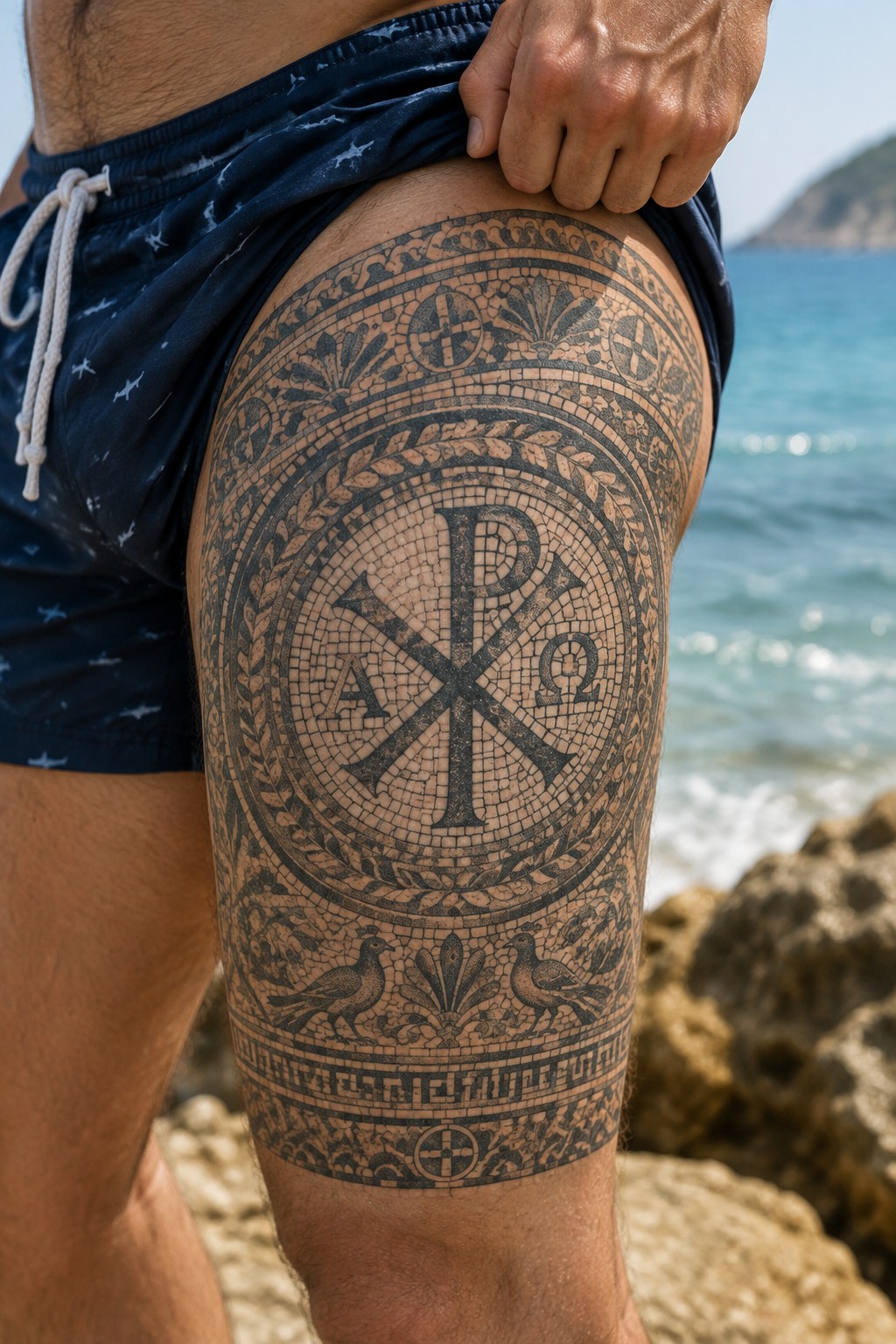 Large circular Chi Rho mosaic tattoo on a man's upper thigh showing alpha omega symbols and decorative borders near the sea.