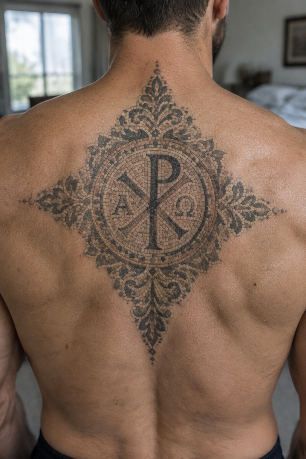 Muscular man's back with large mosaic Chi-Rho Alpha Omega tattoo and ornate borders.
