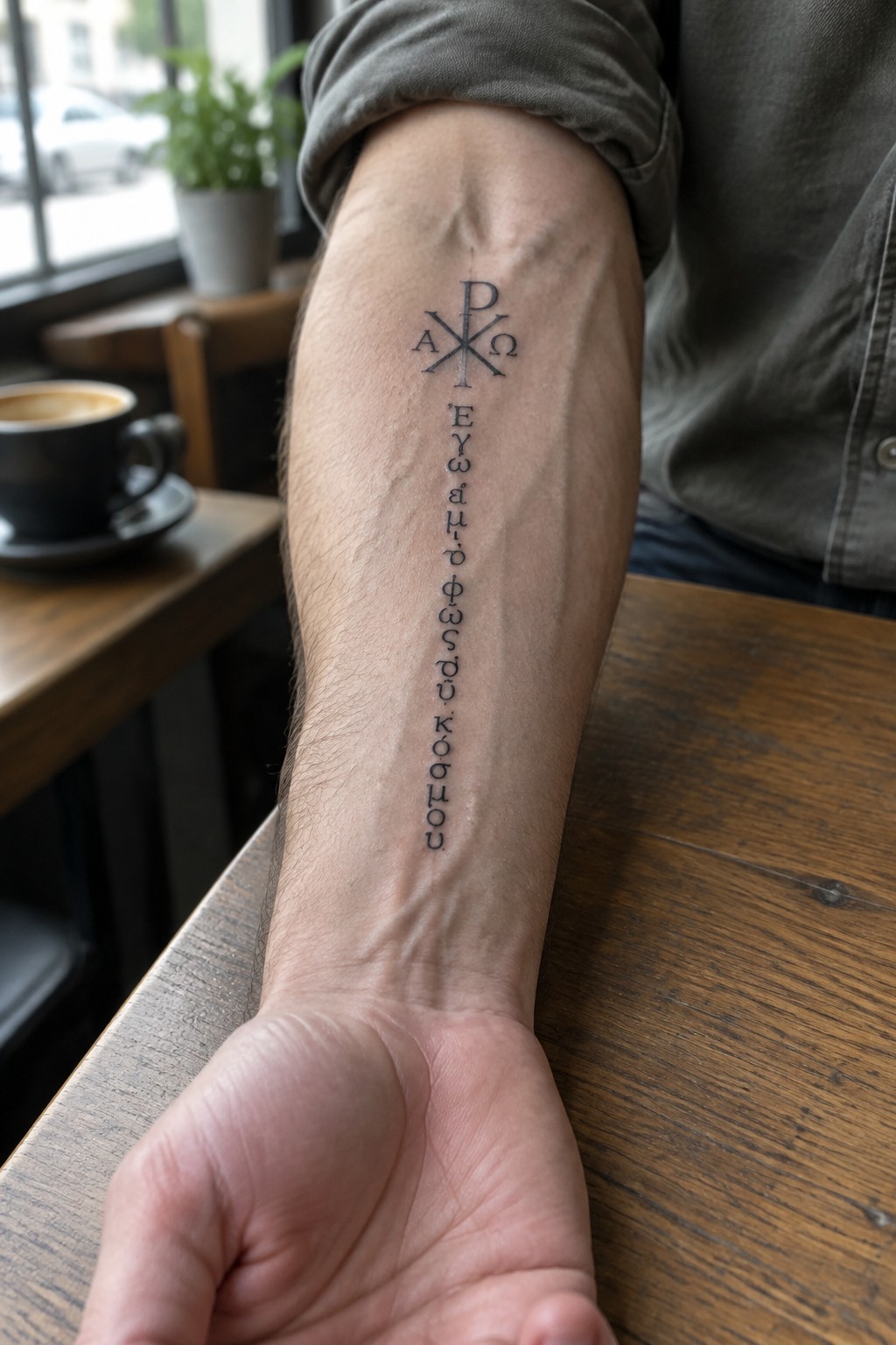 Gray-sleeved arm with Chi-Rho tattoo and vertical Greek text on wooden table near coffee.
