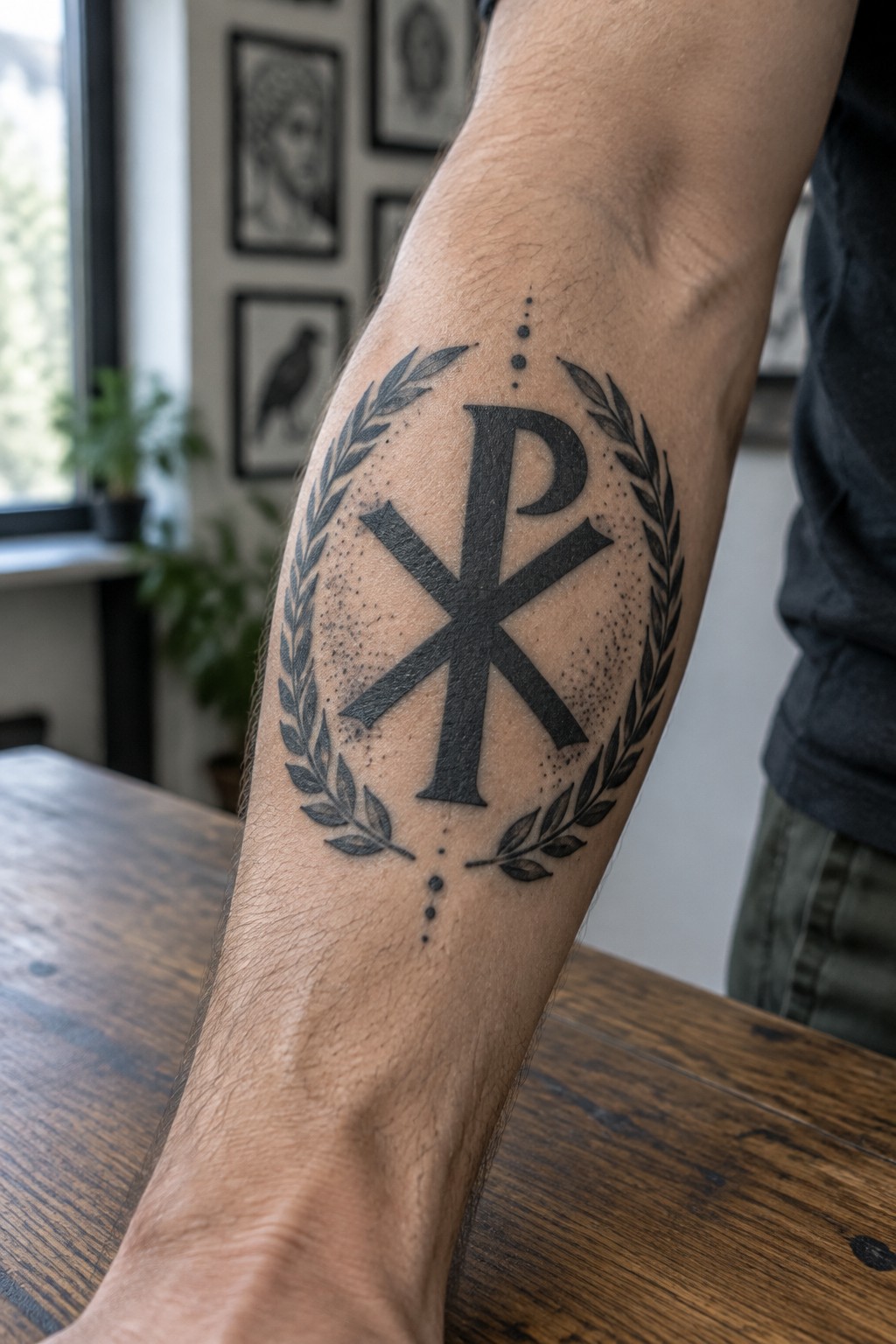 Hairy forearm with black Chi-Rho tattoo in laurel wreath on wooden table