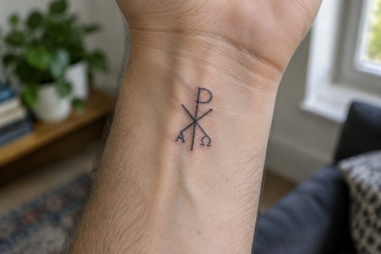 18 Historic Chi Rho Tattoos for Men Using Early Christian Symbolism Small chi rho tattoo with alpha and omega in black ink on the inner wrist