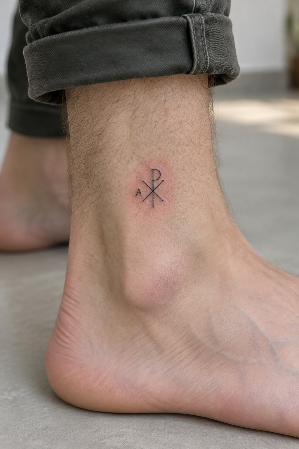 Ankle tattoo with A, cross, and P below rolled gray pants on bare foot