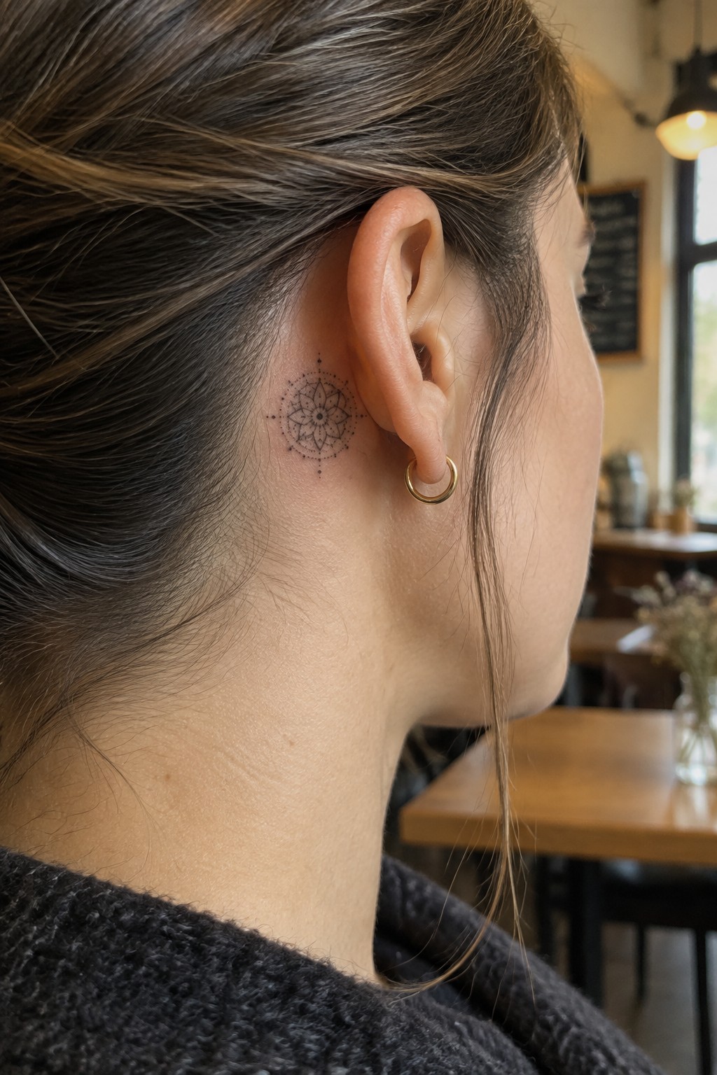 Woman in dark sweater with mandala tattoo behind ear and gold hoop earring in cafe
