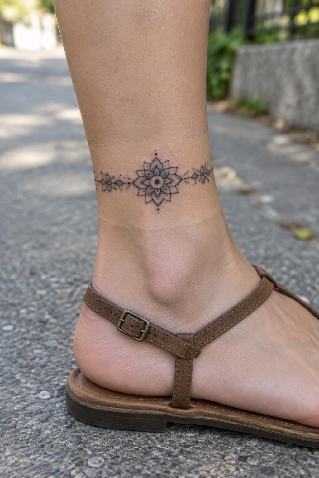 Mandala flower tattoo on ankle with brown leather sandal on pavement