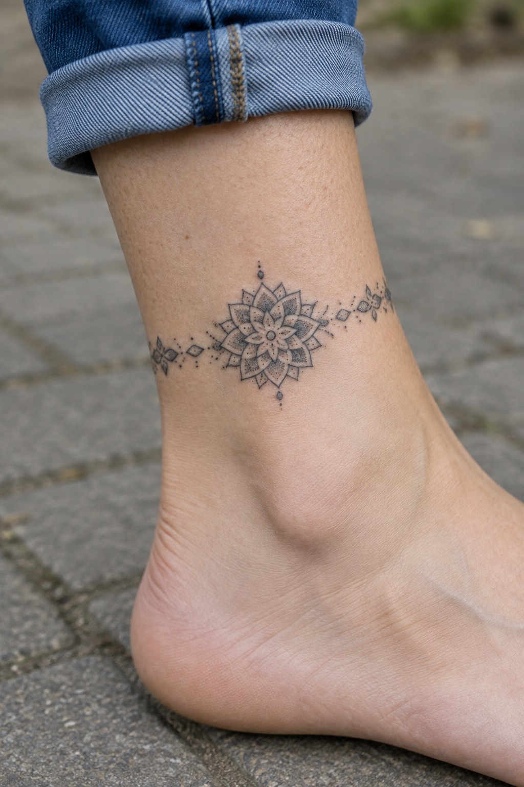 Blue jeans cuff above ankle with black mandala tattoo on bare foot