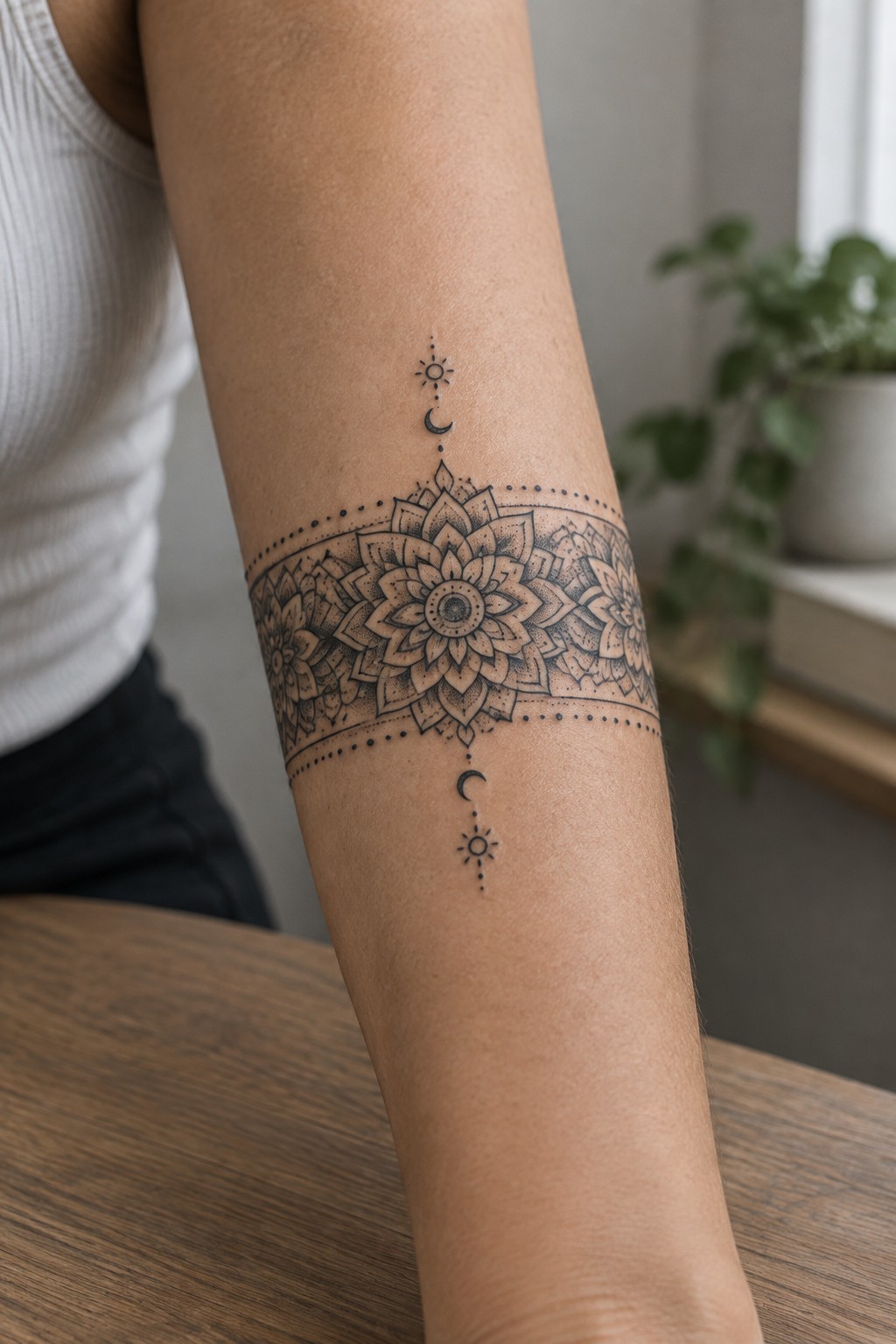 Intricate black mandala tattoo with floral suns and moons on arm resting on wood table