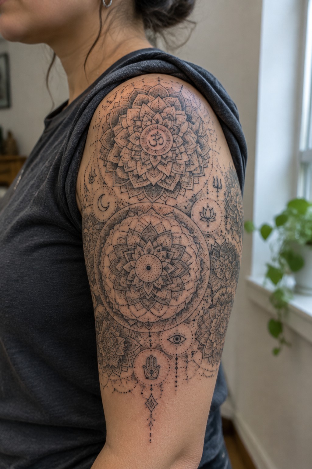 Arm with intricate black mandala tattoos including Om, lotus, and eye, gray sleeveless hoodie.