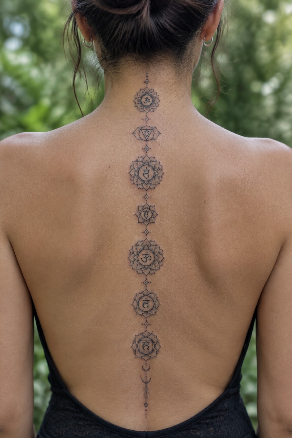 Woman's back with seven black-ink chakra mandalas aligned vertically down spine.