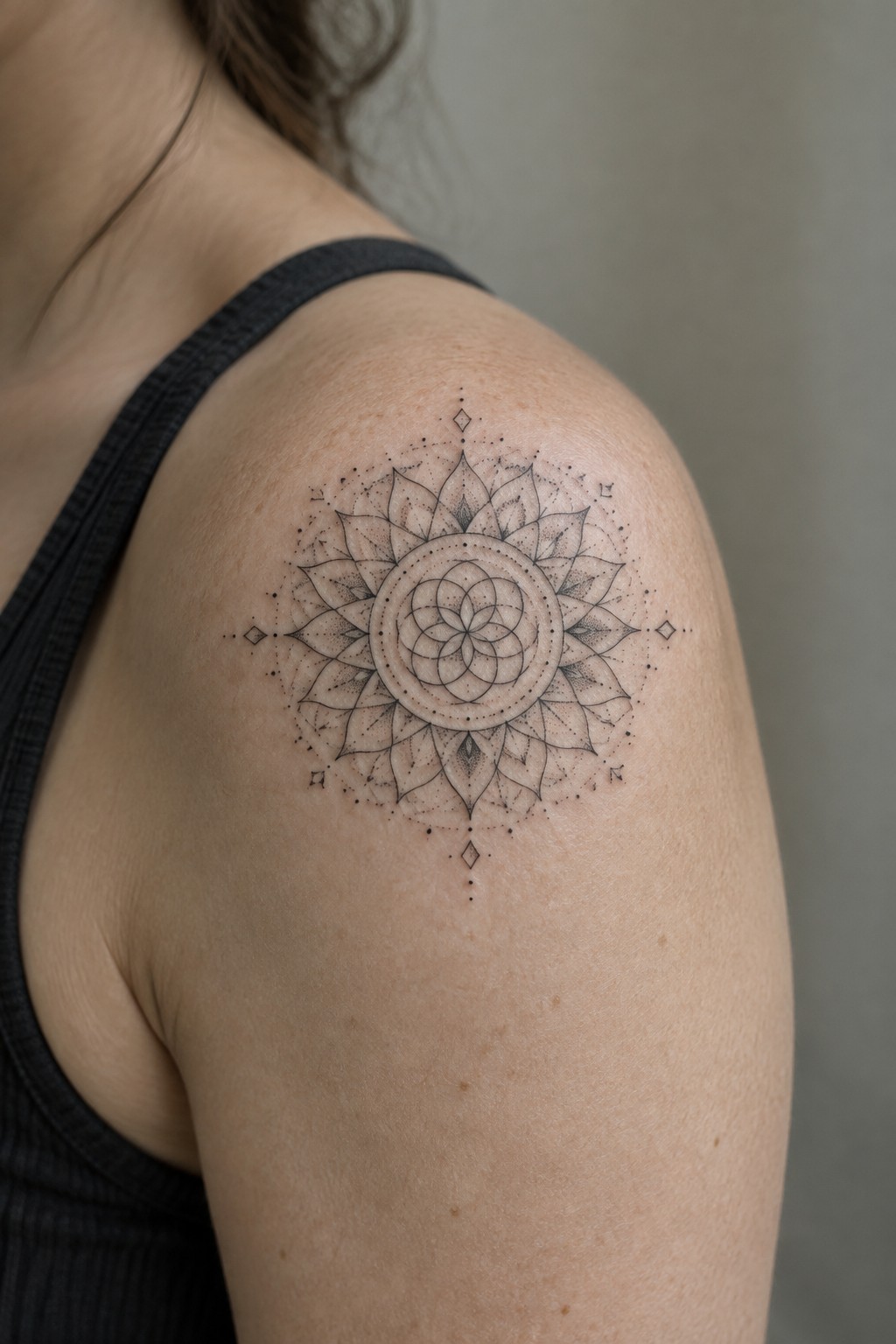 Shoulder in black tank top with intricate black lotus mandala tattoo.