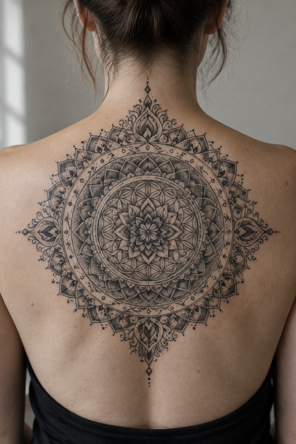 Dotwork mandala tattoo centered on a woman's upper back and lower neck in black ink.