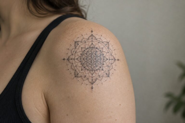 17 Intricate Dotwork Spiritual Tattoos for Women Built Around Mandala Patterns Shoulder in black tank top with intricate black lotus mandala tattoo.