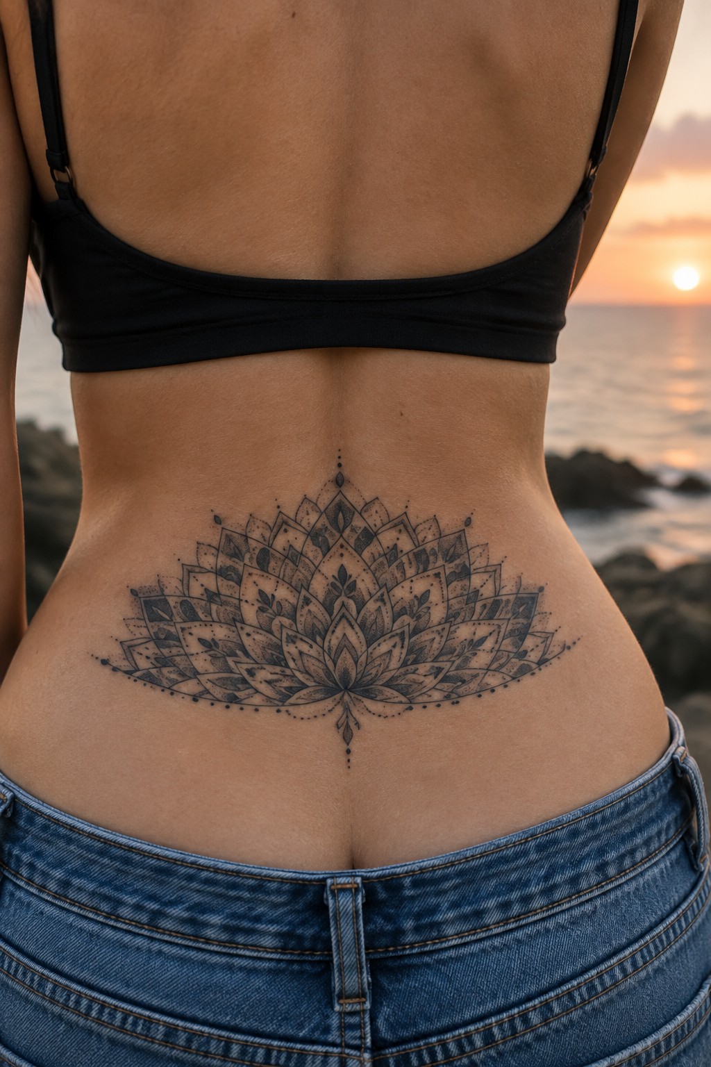 Woman's lower back with large lotus tattoo at ocean sunset in jeans