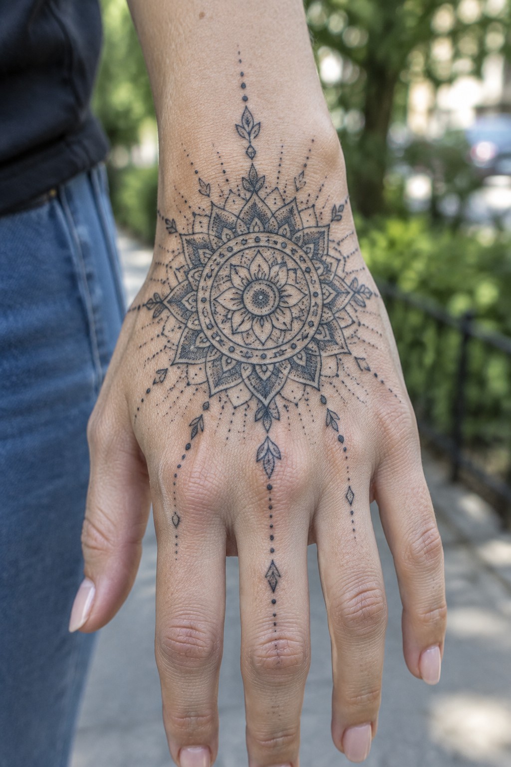 Hand with intricate black mandala tattoo, blue jeans visible in background