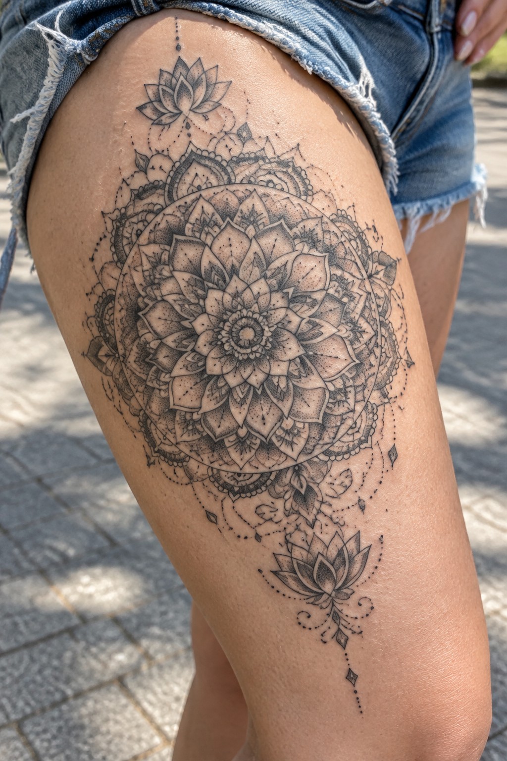 Large dotwork mandala tattoo with lotus flowers on a woman's upper thigh, extending downward in black ink.