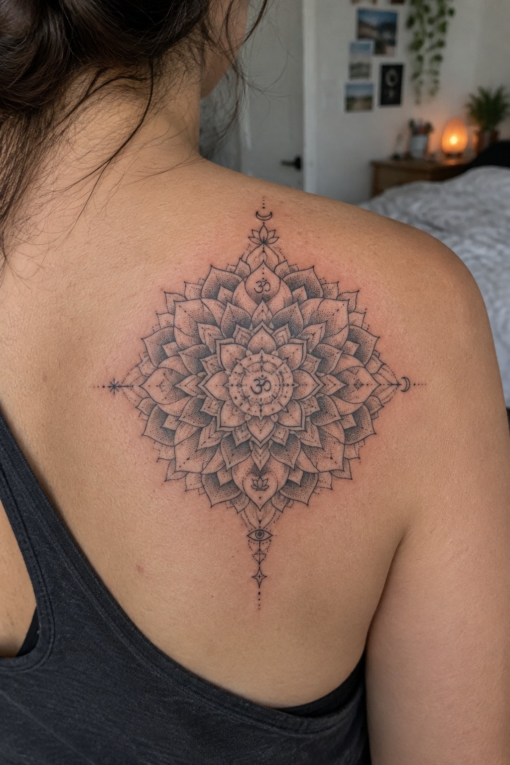 Dotwork mandala tattoo on a woman's upper back with lotus details, om symbols, and an eye at the bottom point.