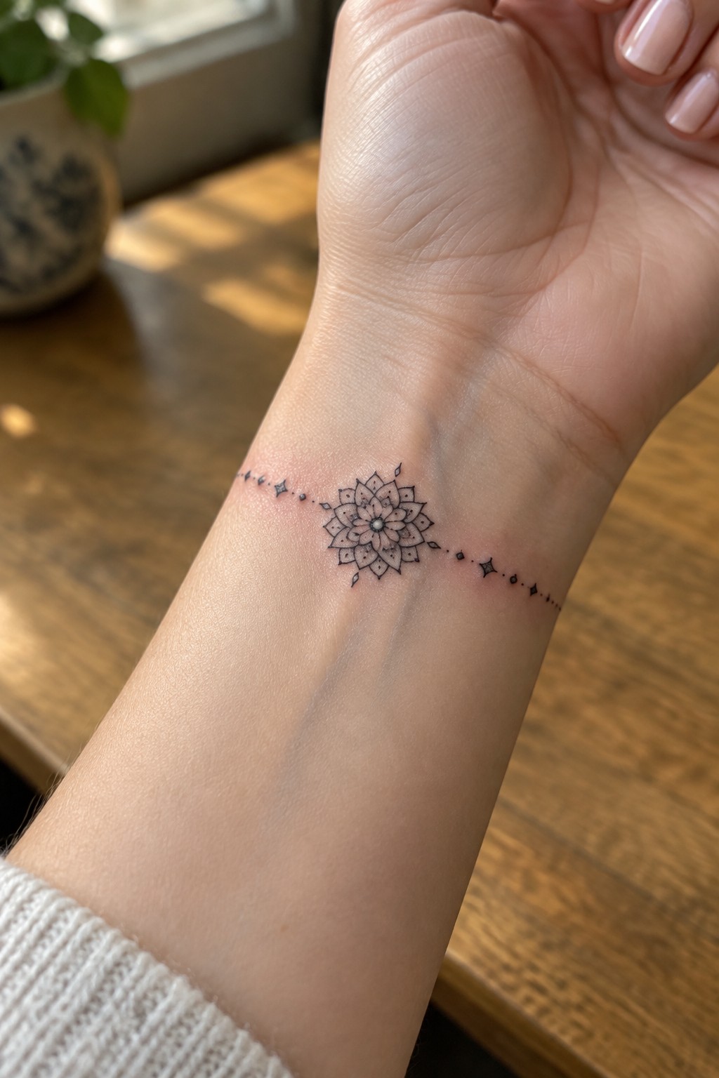 Wrist with black mandala tattoo and dotted star lines, white sleeve visible