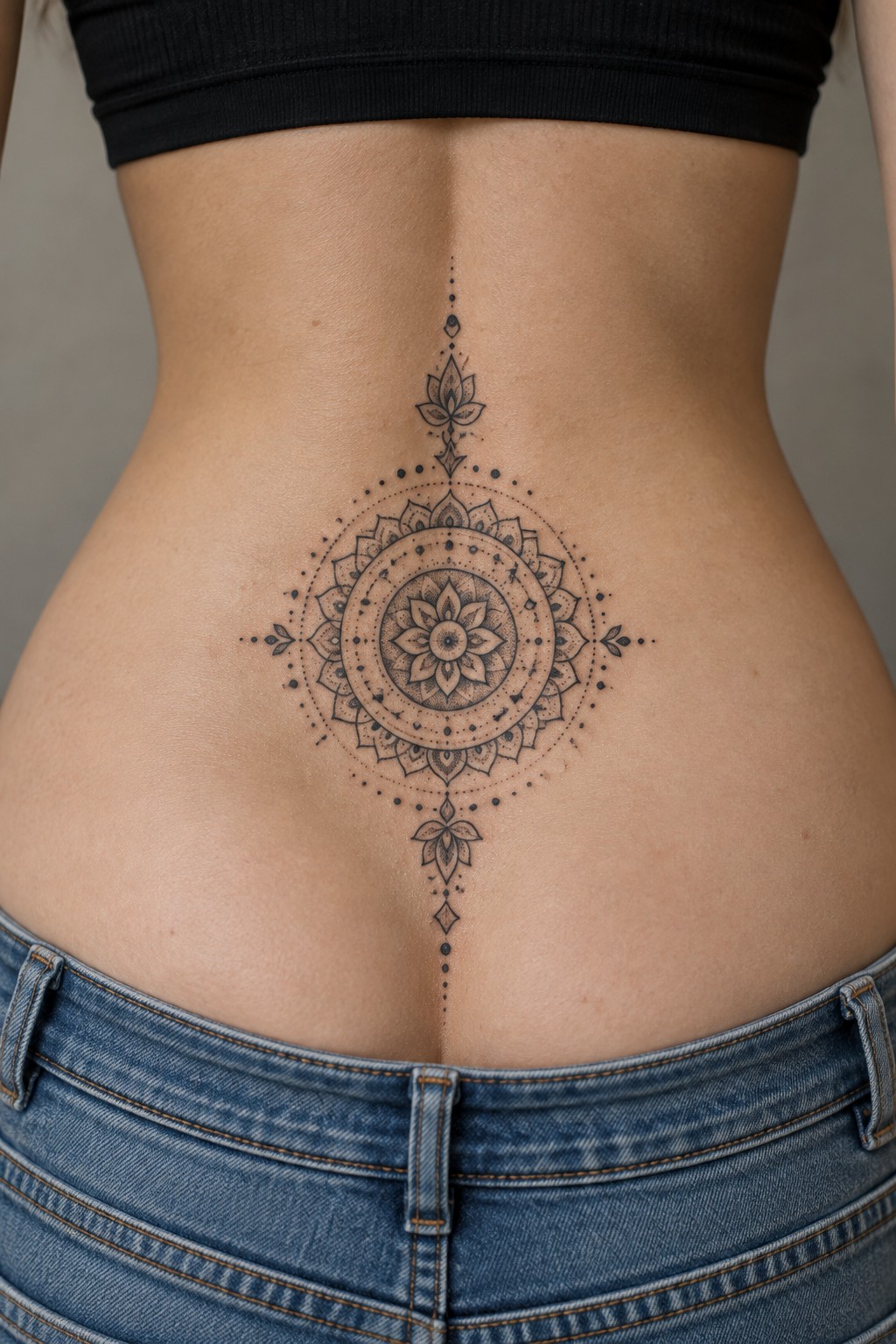Woman’s back showing a dotwork mandala tattoo centered on the spine with lotus accents above and below.
