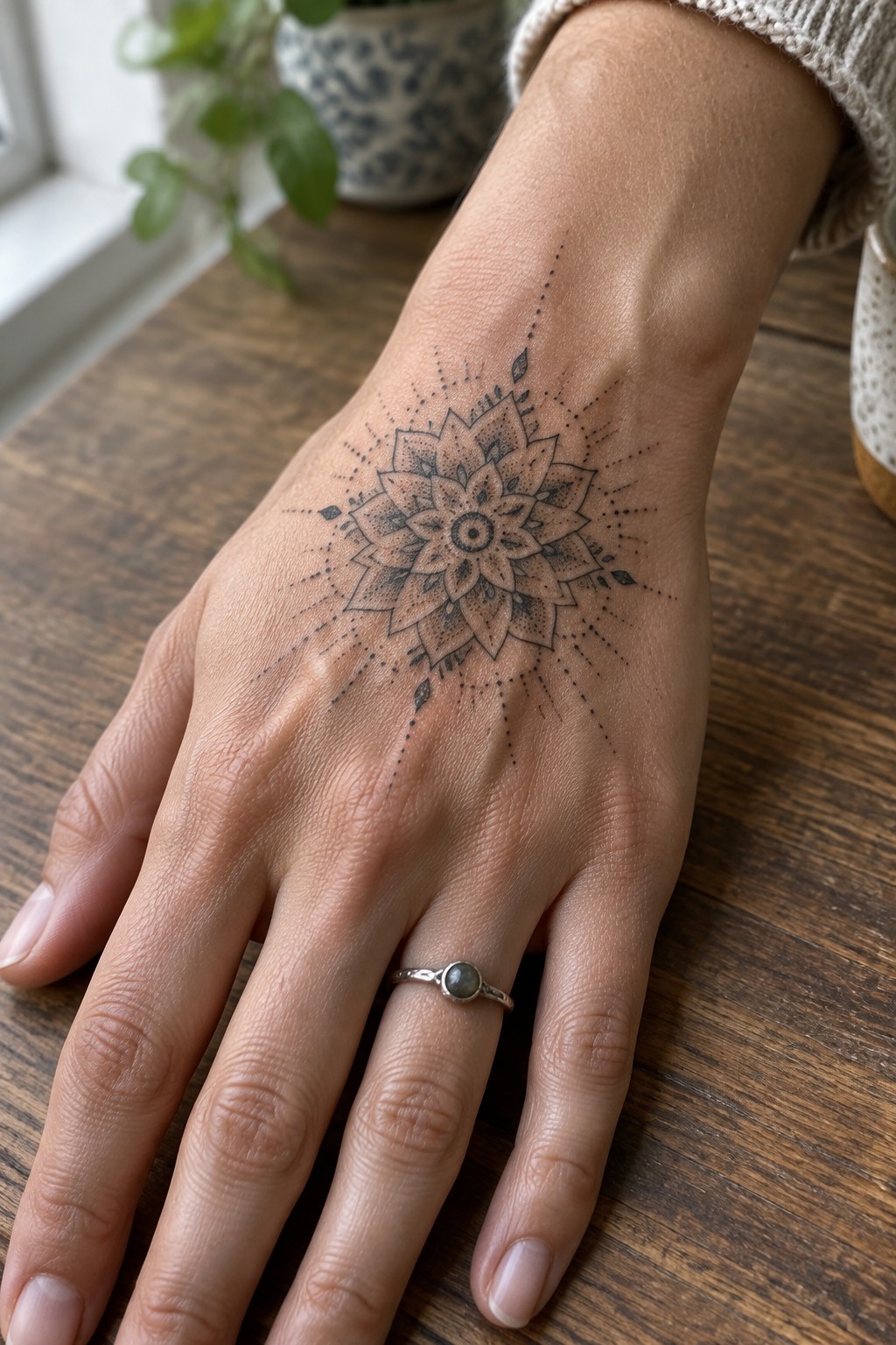 Dotwork mandala tattoo centered on the back of a woman's hand, featuring a floral pattern with radiating dots and small leaf accents.