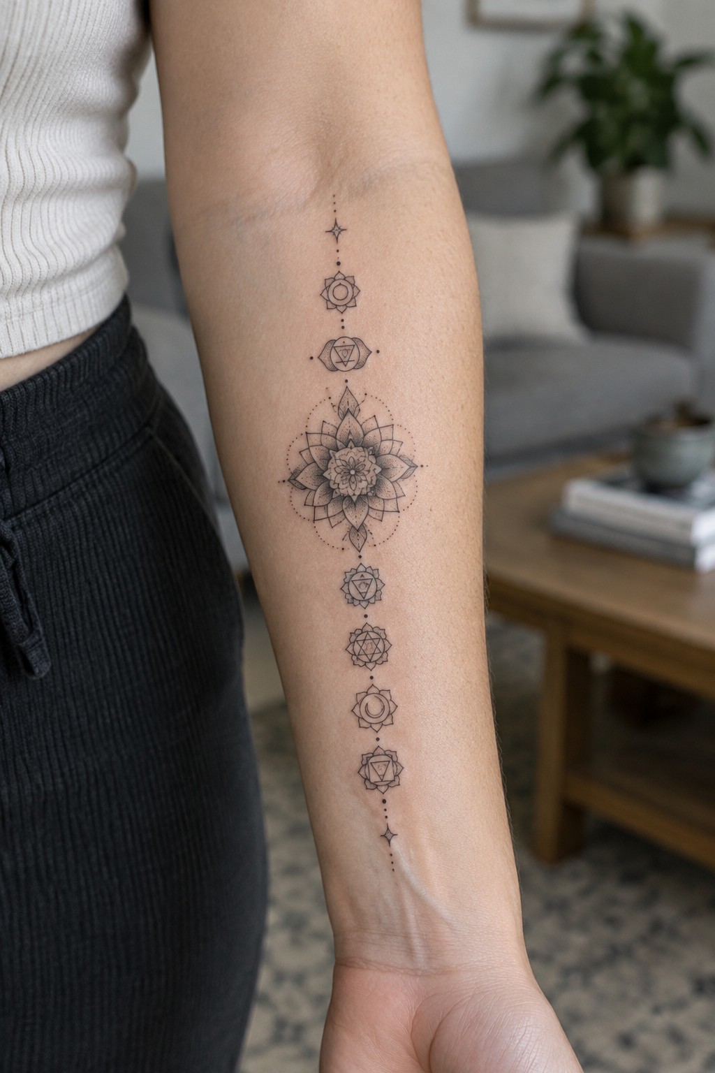 Woman's forearm with vertical black chakra mandala tattoo in living room setting.