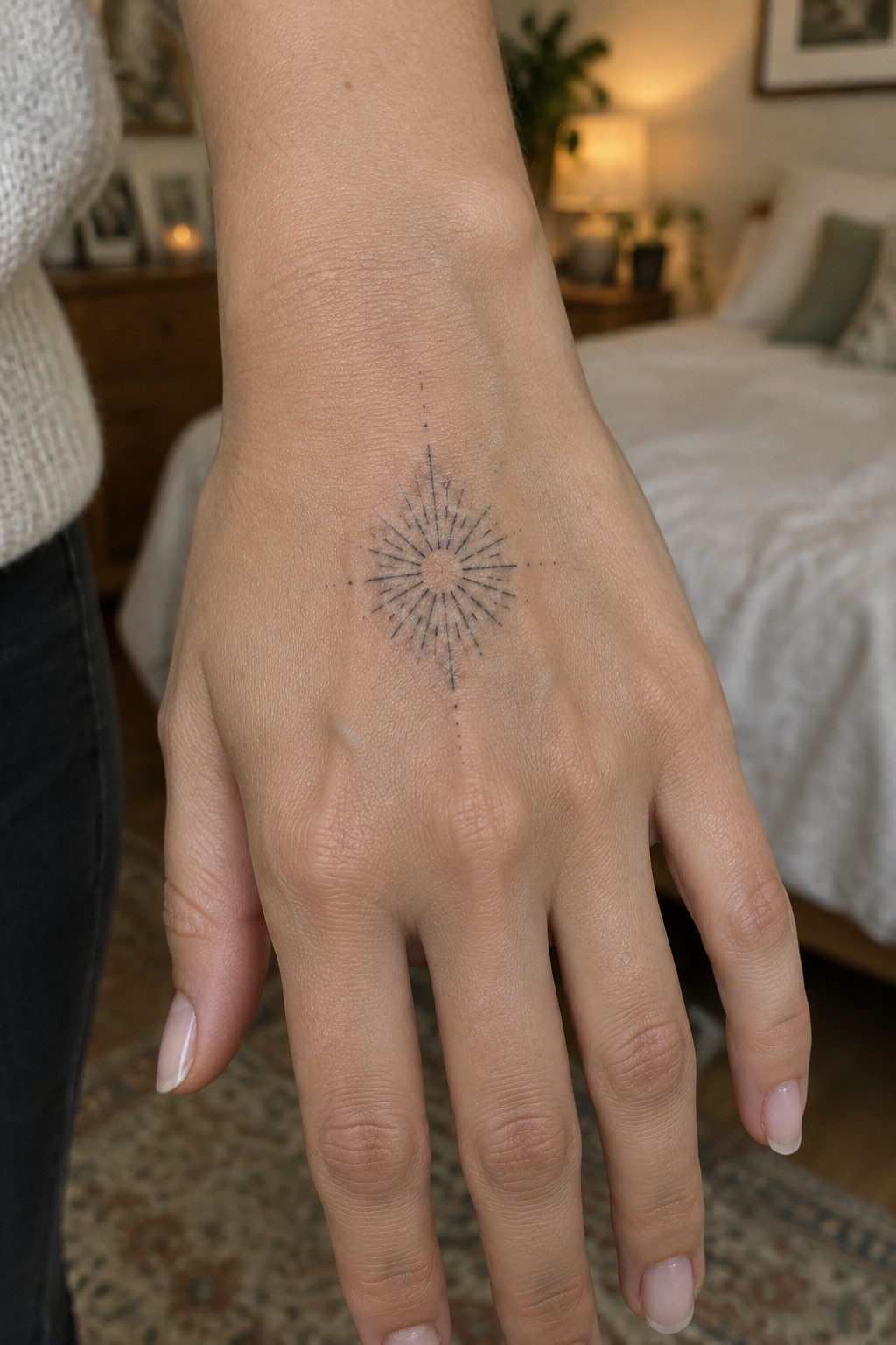 Hand with black sunburst tattoo on back against bedroom backdrop