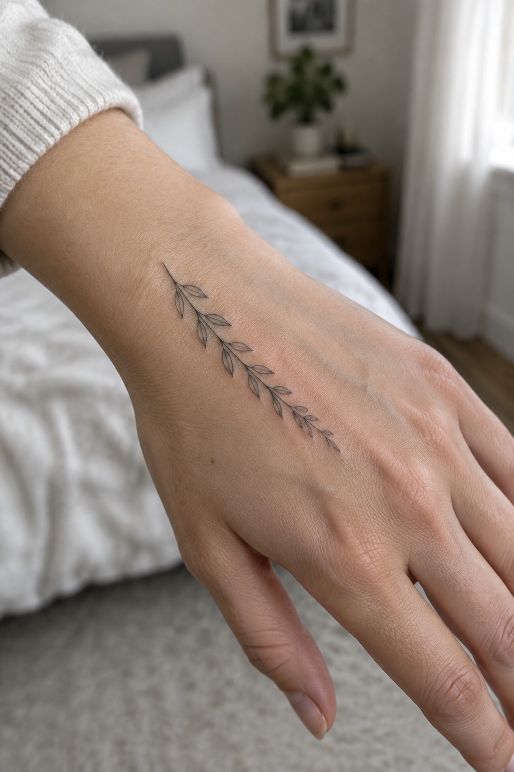 Hand with delicate leaf vine tattoo on wrist, white knit sweater, blurred bedroom.