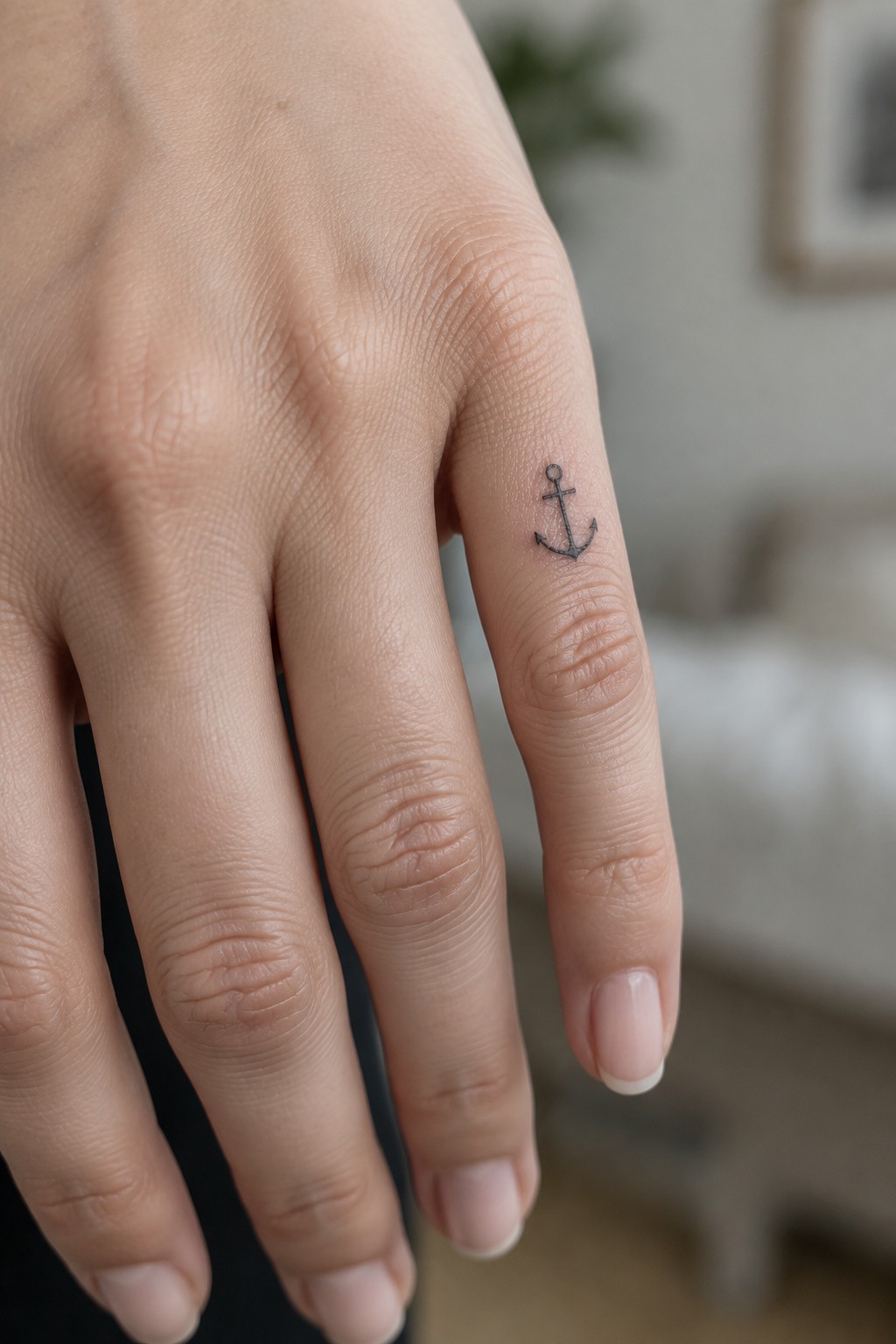Close-up of light-skinned hand with small black anchor tattoo on ring finger.