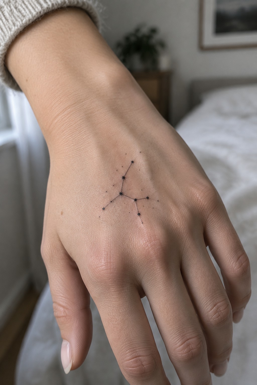 Hand with black constellation tattoo, cream sweater cuff, soft bedroom background