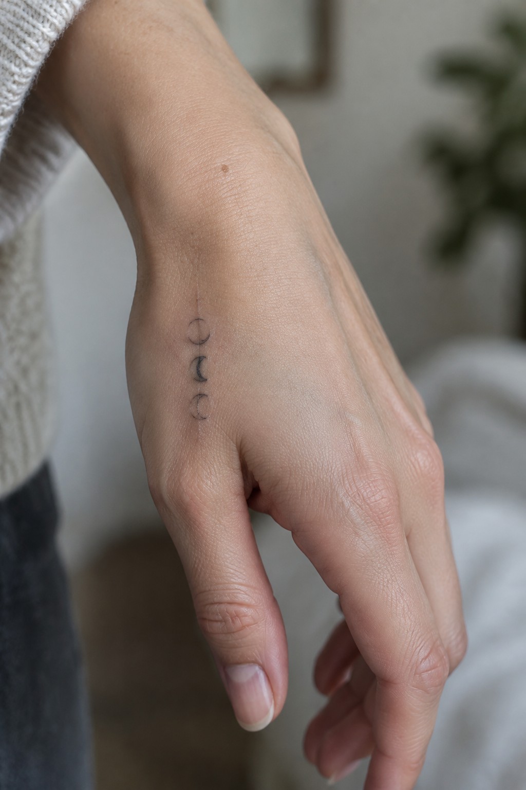 Wrist with three moon phase tattoos, wearing a white knitted sweater.