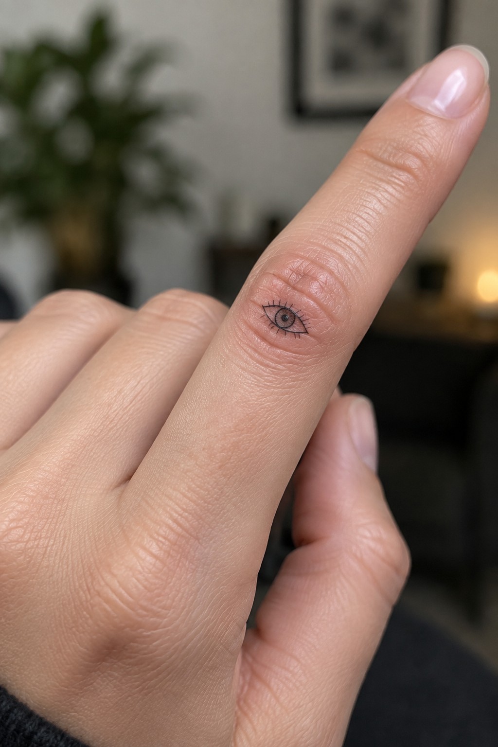 Index finger with manicured nail and small eye tattoo near knuckle.
