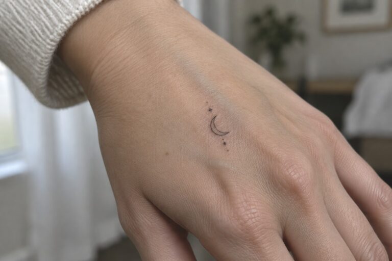 18 Practical Fine Line Hand Tattoos for Women Using Simple Black-Ink Symbols Hand with small crescent moon and dots tattoo, white knitted sleeve visible.