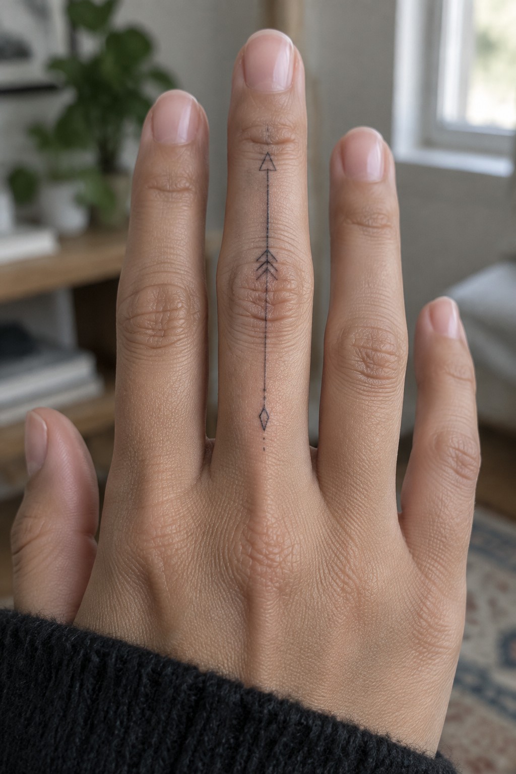 Hand with black arrow tattoo along middle finger, dark sweater cuff visible.