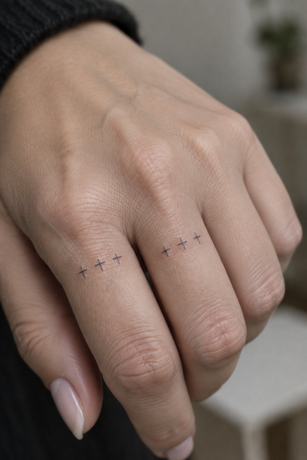 Hand with small black cross tattoos on fingers, black sleeve, pale manicured nails
