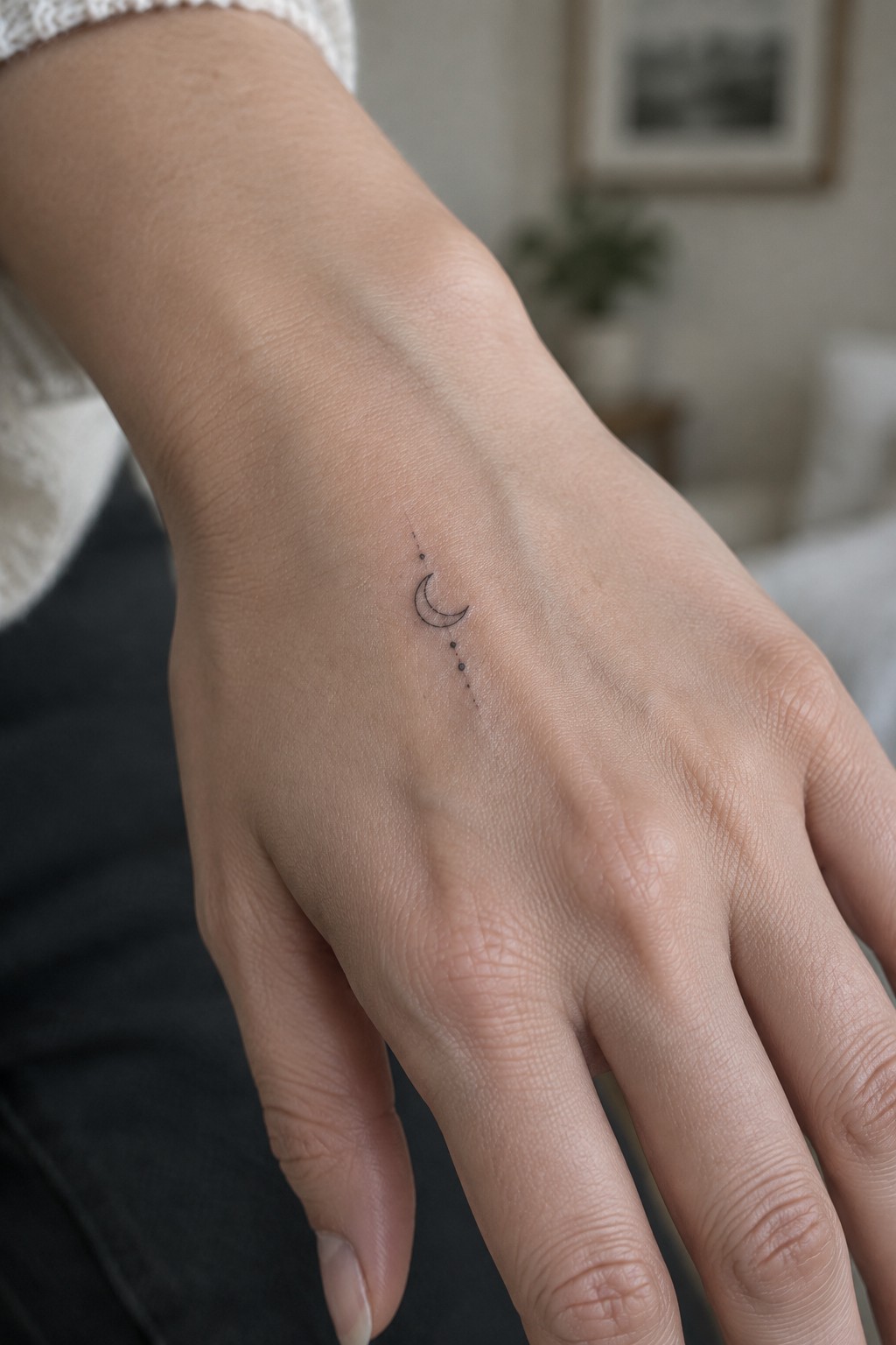 Hand with small crescent moon and dots tattoo, white knitted sleeve visible.