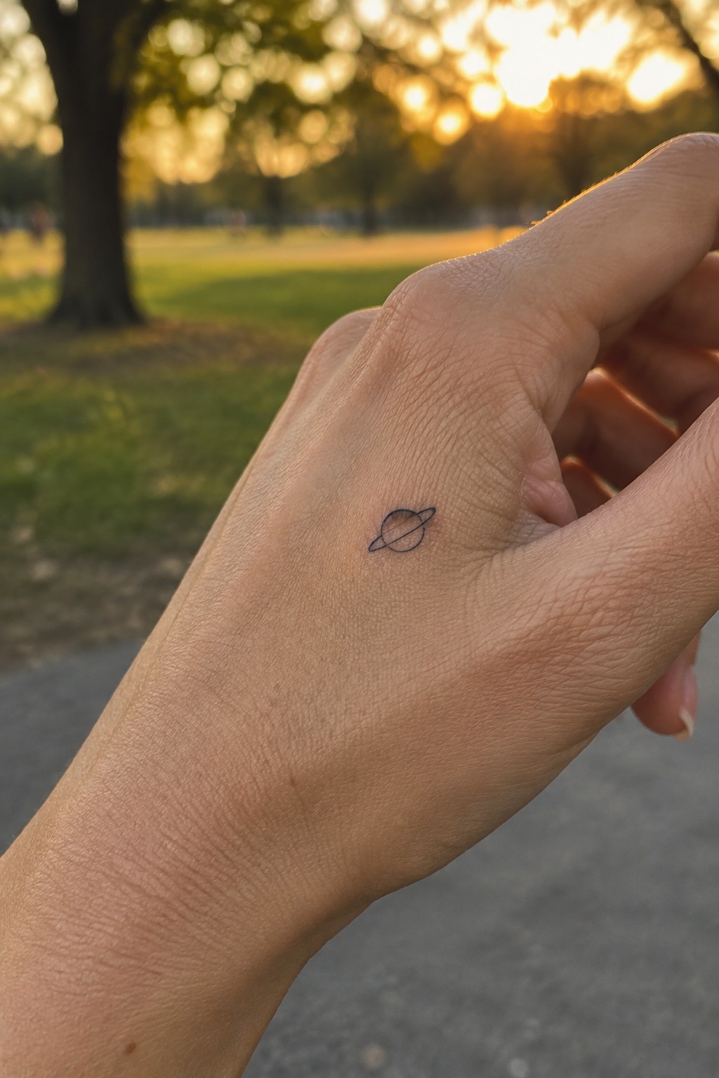 Hand with small black Saturn tattoo on skin, blurred golden sunset park background.