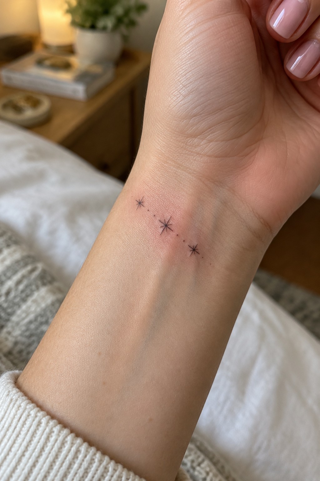 Wrist with small black star tattoo, pink nails, white knit sleeve visible