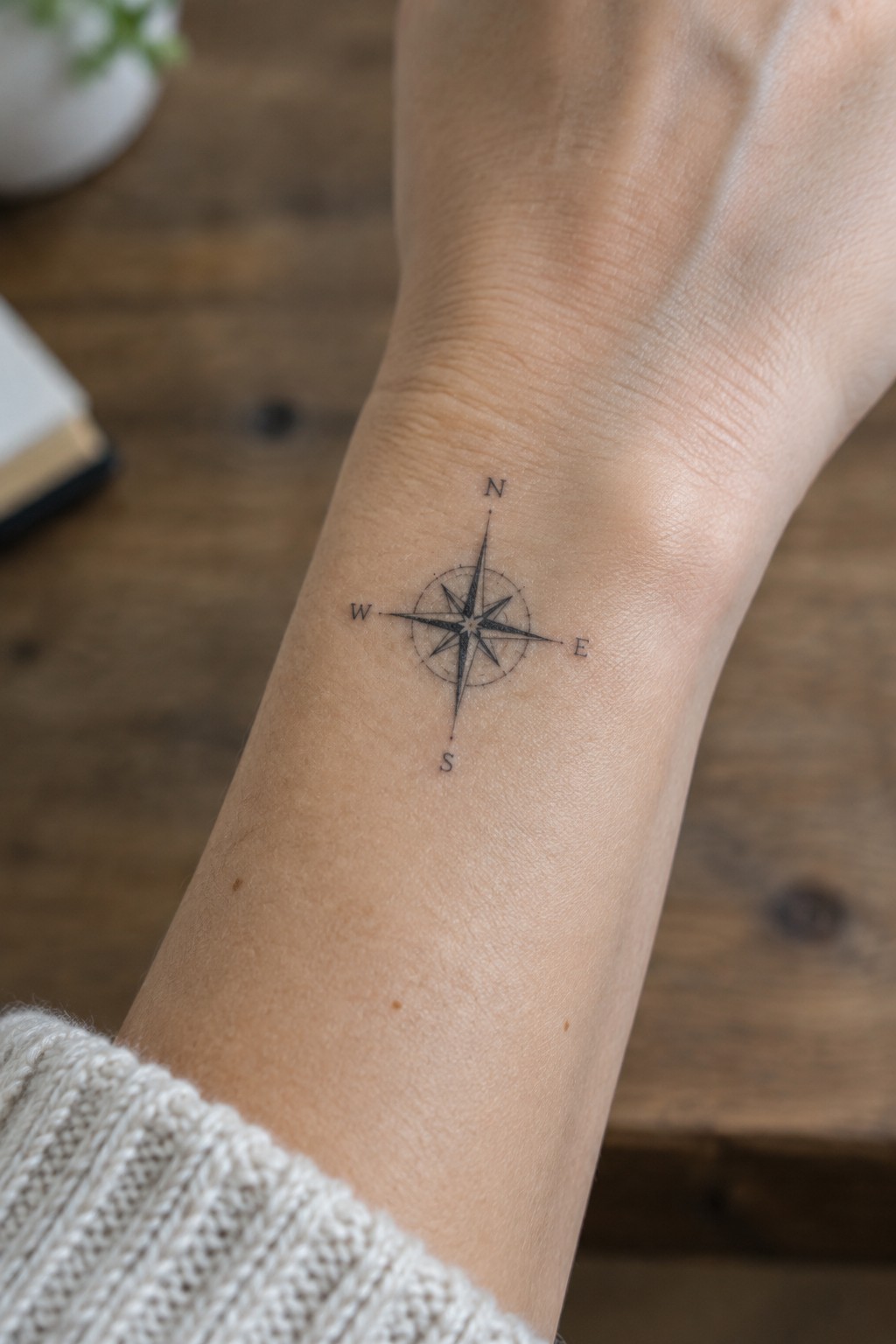 Fine line compass rose tattoo on the inner wrist with north south east and west marked