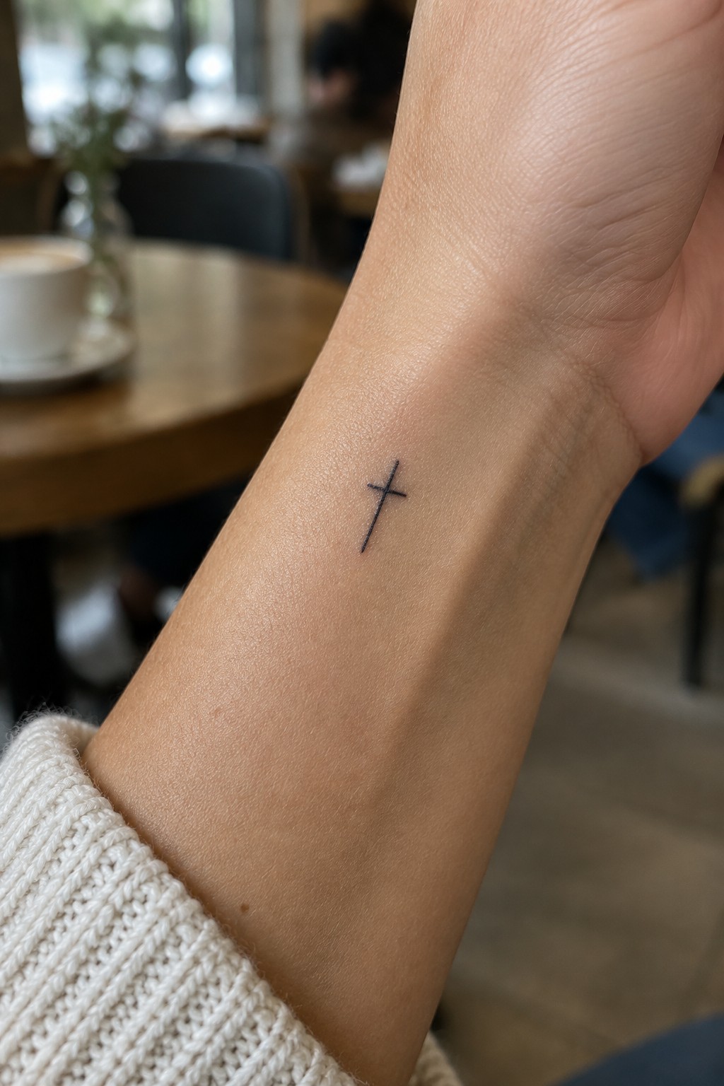 Small black cross tattoo on wrist with cream knit sweater in cafe