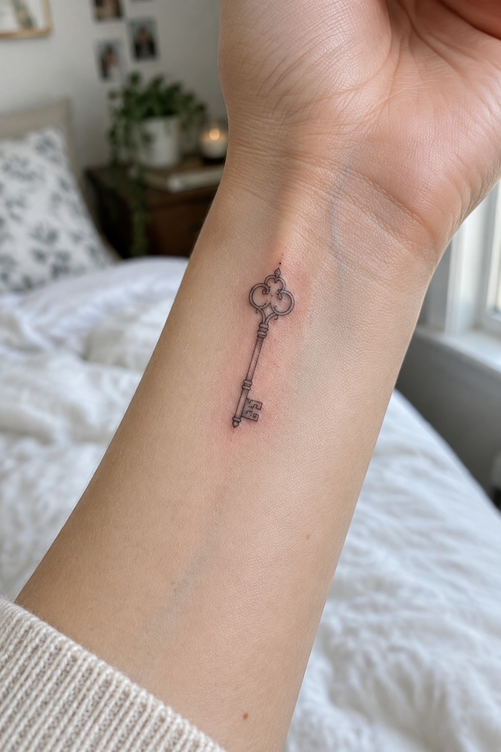 Ornate black key tattoo on wrist with blurred bedroom background visible behind.