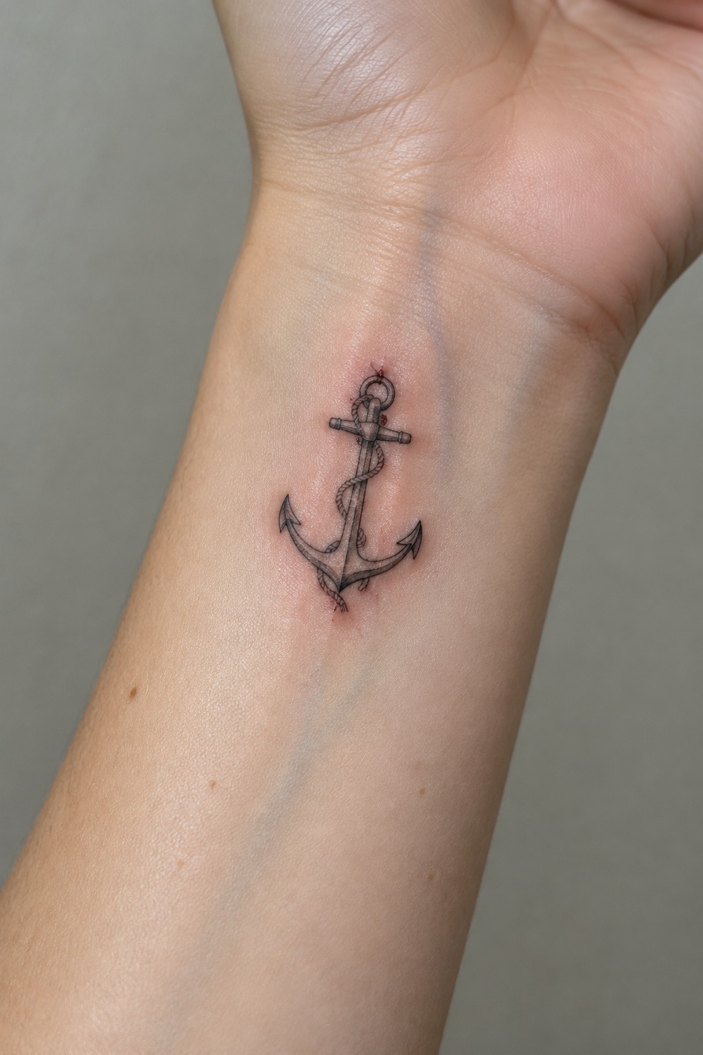 Small fine line anchor tattoo with rope wrapped around the shank, placed on the inner wrist.