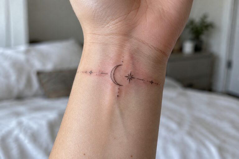 Fine line crescent moon and star tattoo on the inner wrist with a thin horizontal line through the center