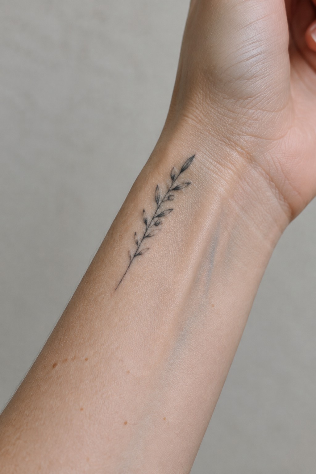 Fine line black tattoo of leafy branch on inner wrist